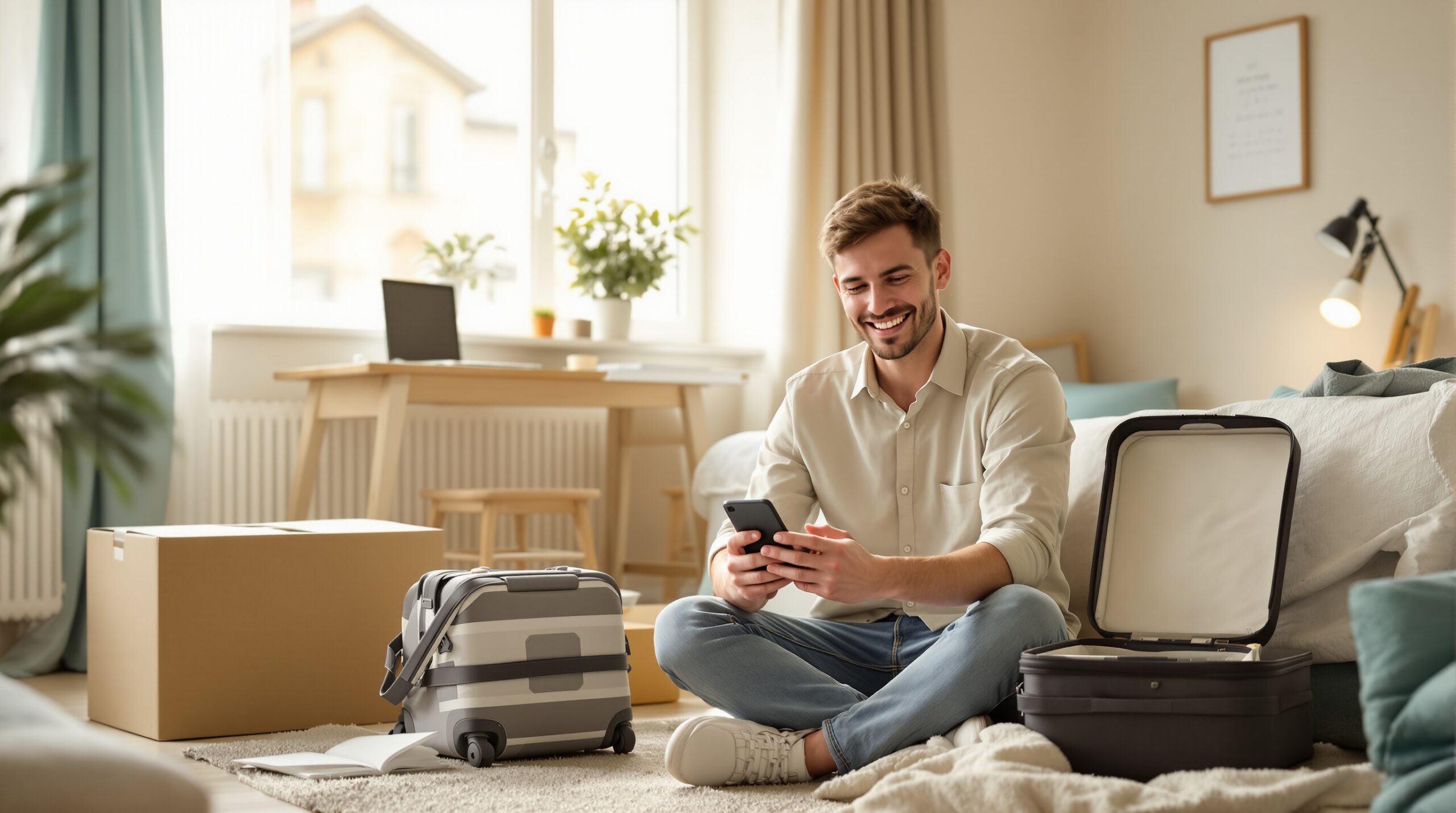 Jeune locataire en mobilité emménageant dans un studio meublé avec cartons et valise