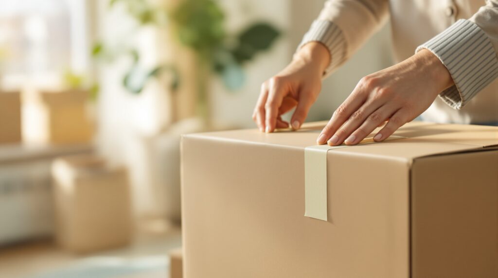 Mains scellant un carton de déménagement avec du ruban adhésif, cartons empilés en arrière-plan flou