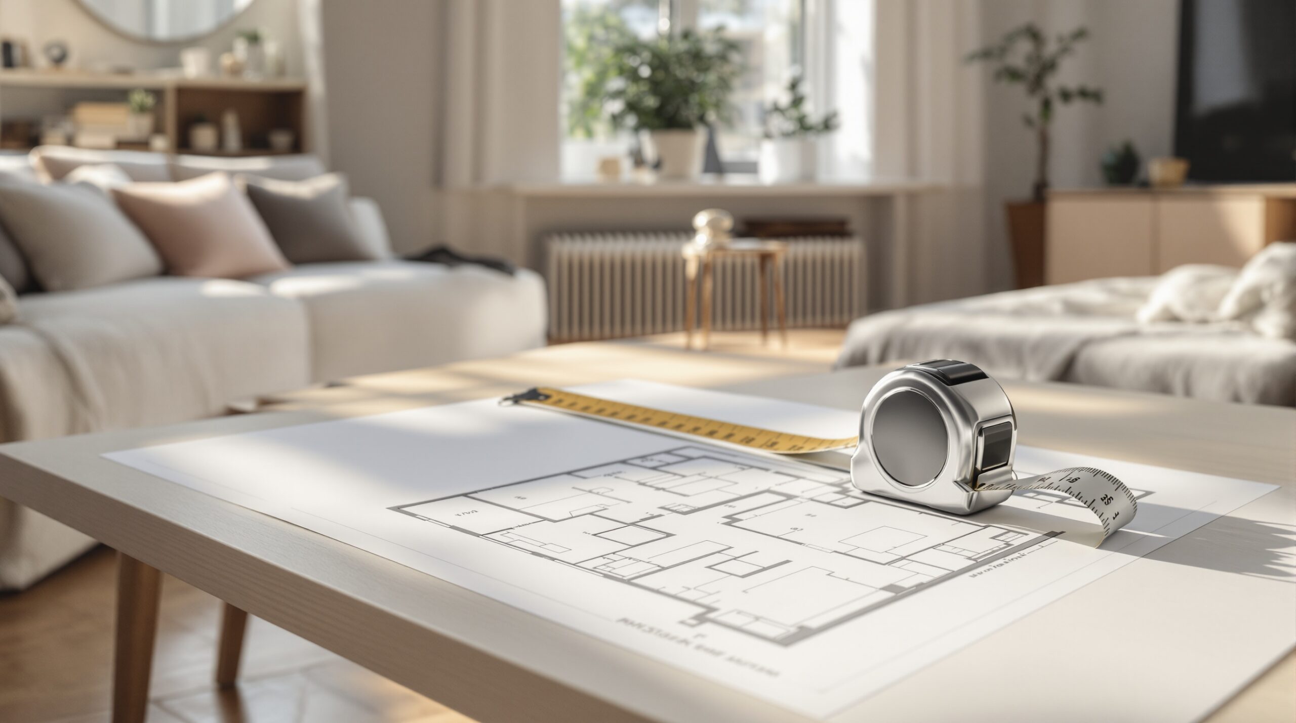 Plan d'appartement et mètre ruban sur une table — surface loi Carrez