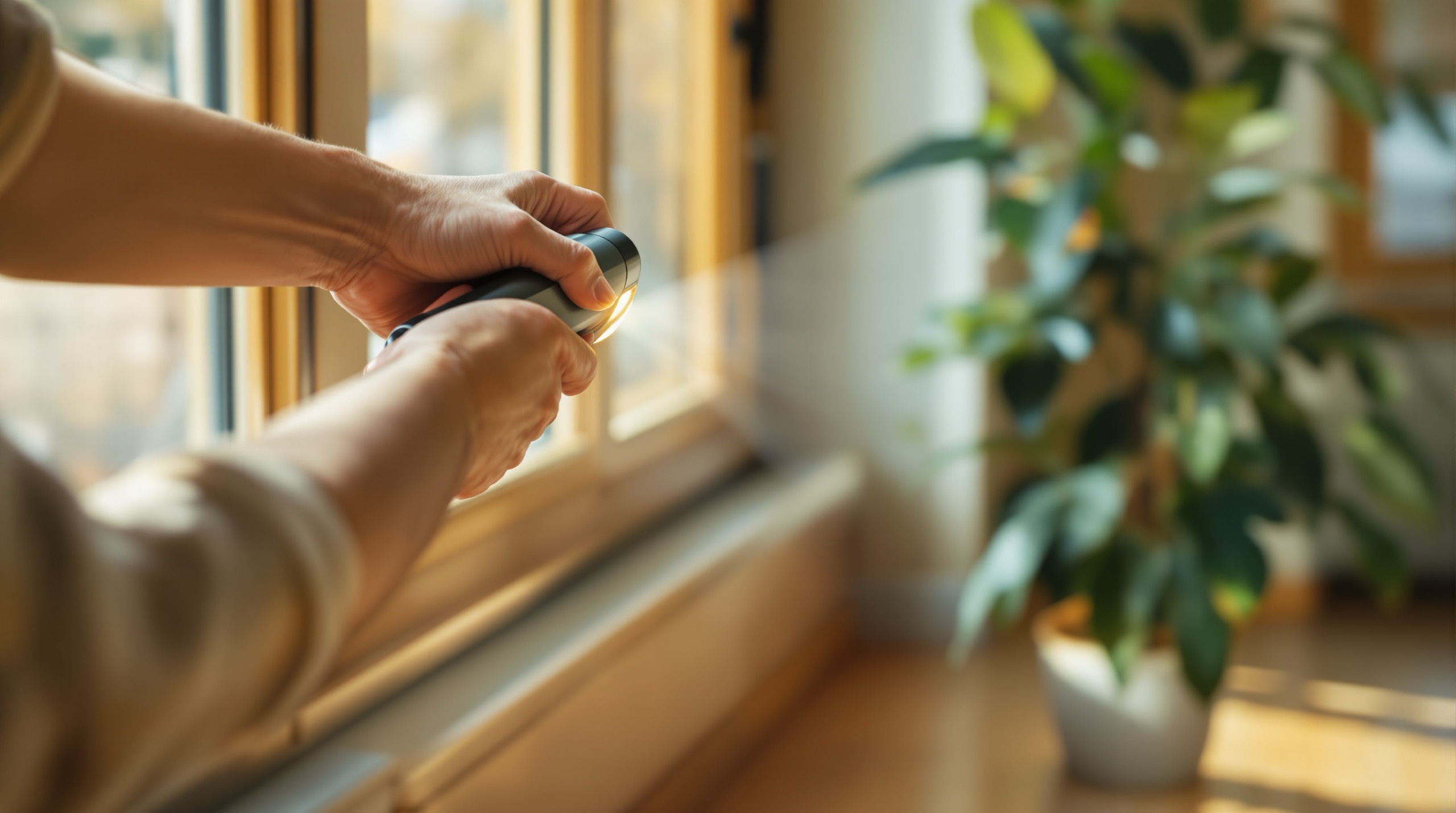 Mains d'un diagnostiqueur inspectant une boiserie à la lampe torche dans un logement lumineux
