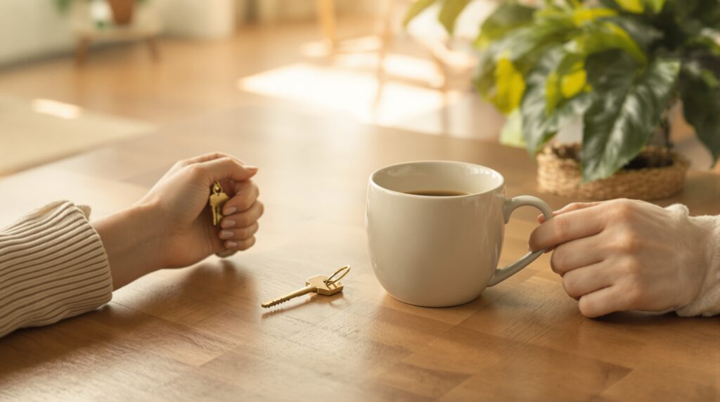 Deux mains sur une table en bois, l'une tenant une clé de logement, à côté d'une tasse de café, dans un salon chaleureux et lumineux avec une plante verte — gérer les charges de son logement au quotidien