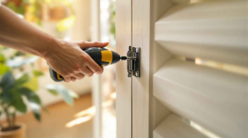 Mains vissant une charnière sur un volet en bois avec une visseuse sans fil, dans un salon lumineux — travaux de logement soumis à déclaration préalable
