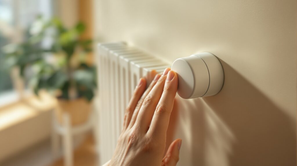 Une main règle la molette blanche d'un robinet thermostatique de radiateur dans un salon chaleureux et ensoleillé, illustrant la performance énergétique d'un logement en location (DPE)