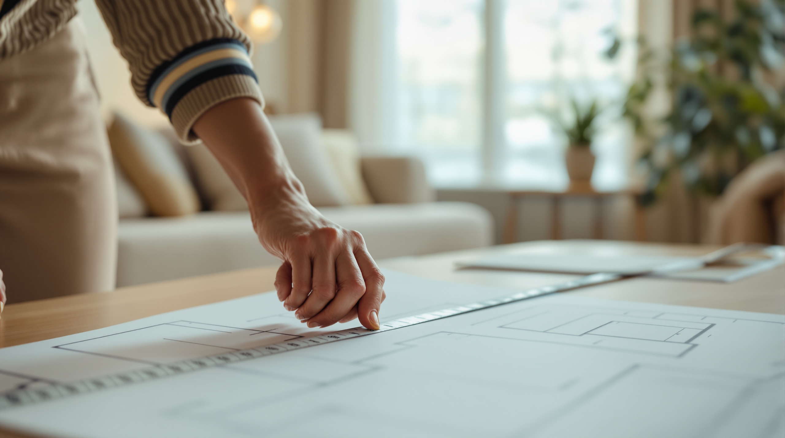 Main déroulant un mètre ruban sur un plan d'appartement — mesurage loi Carrez