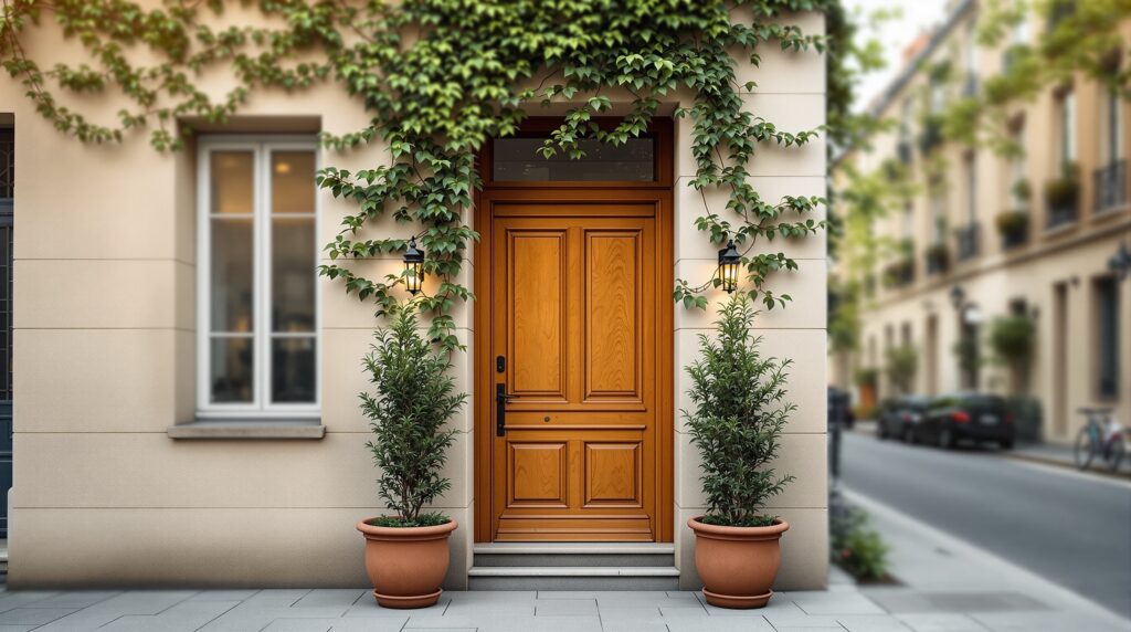 Façade d'un immeuble avec porte en bois et plantes vertes, illustration appel de fonds de copropriété