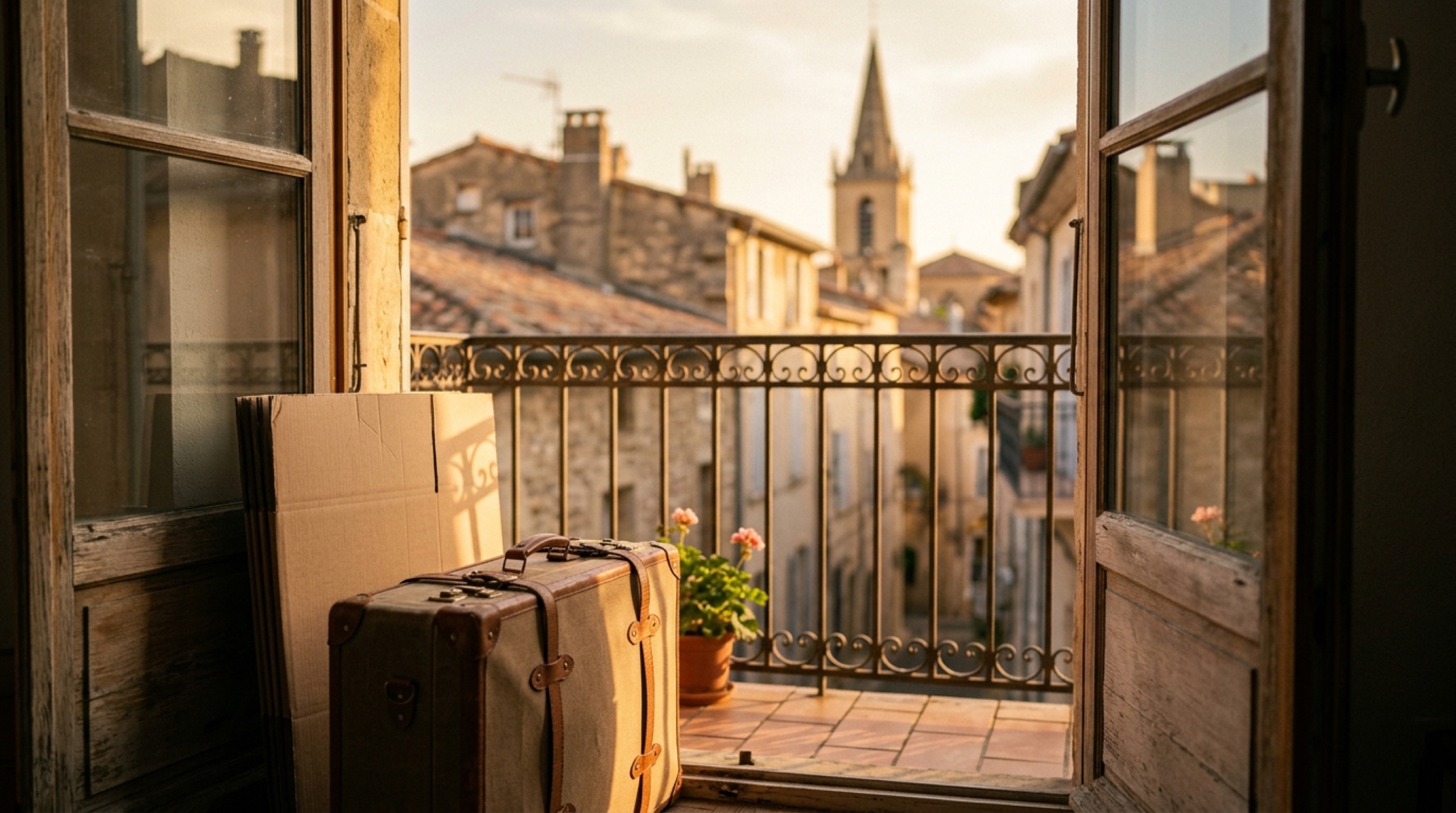 Valise et carton de déménagement posés devant une fenêtre ouverte sur un balcon, vue sur les toits d'une ville française au coucher du soleil