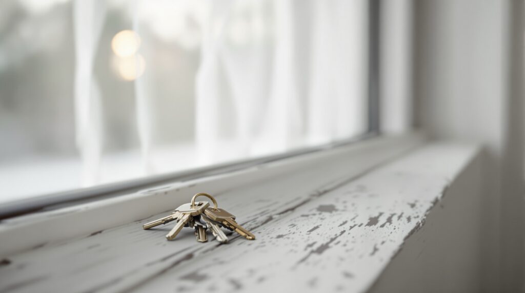 Trousseau de clés posé sur le rebord de fenêtre d'une chambre vide, contre-jour à travers un voilage