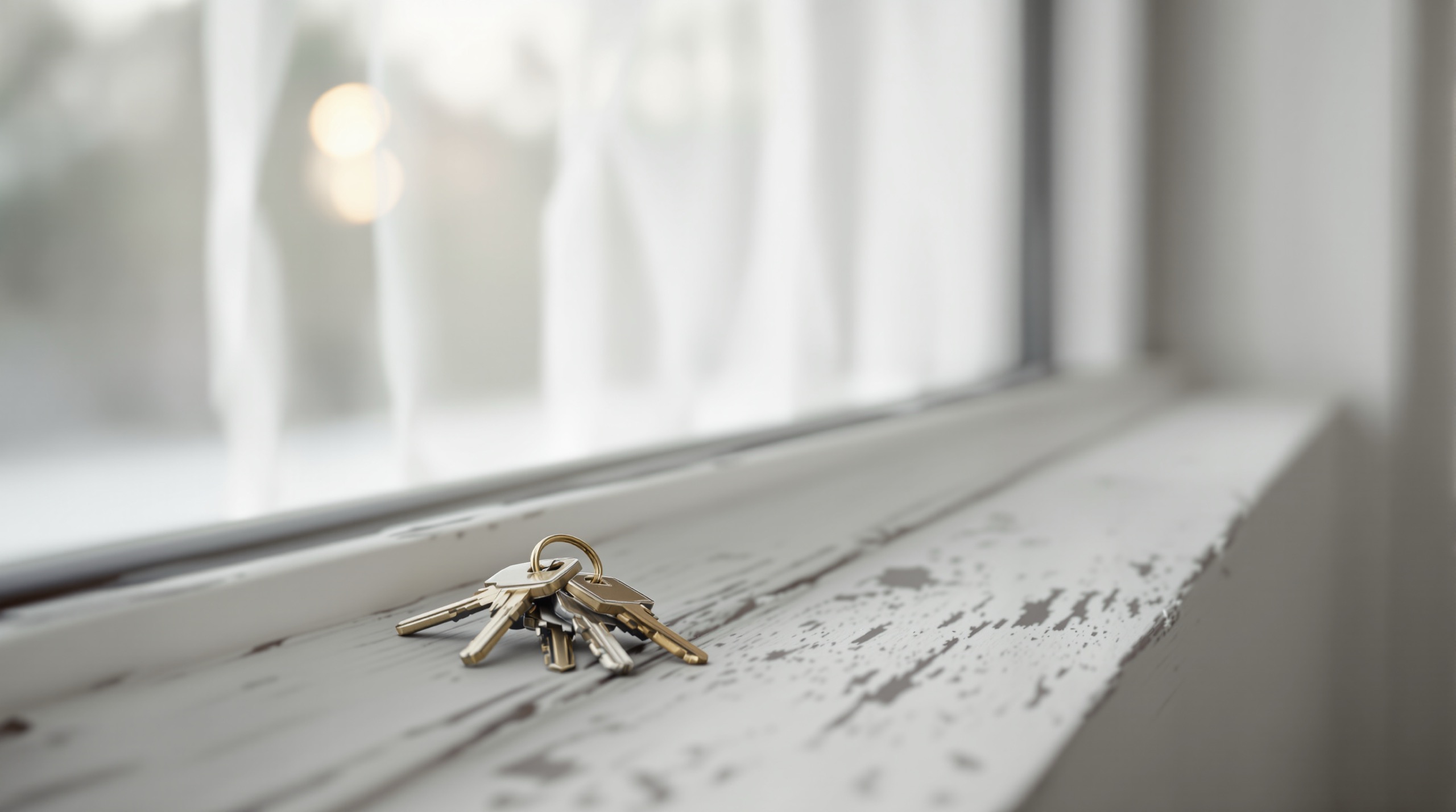 Trousseau de clés posé sur le rebord de fenêtre d'une chambre vide, contre-jour à travers un voilage