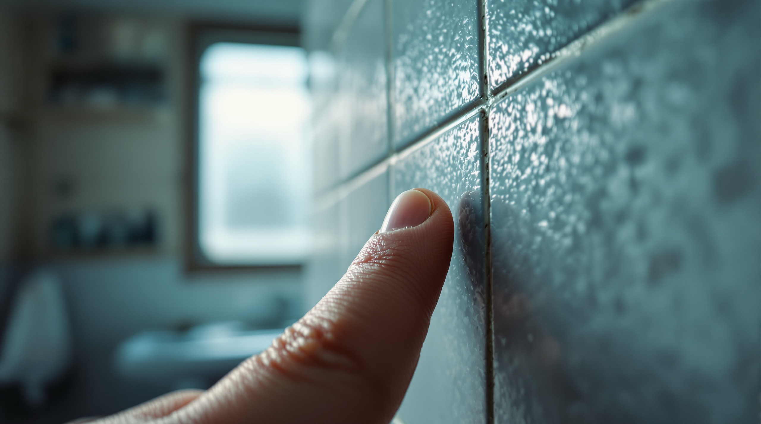 Main effleurant un carrelage de salle de bains ancien, lumière froide du matin