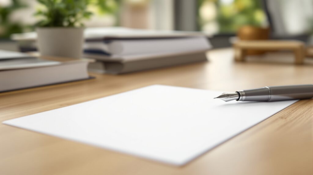 Stylo plume posé sur une feuille blanche vierge sur un bureau en bois, plante verte floue en arrière-plan