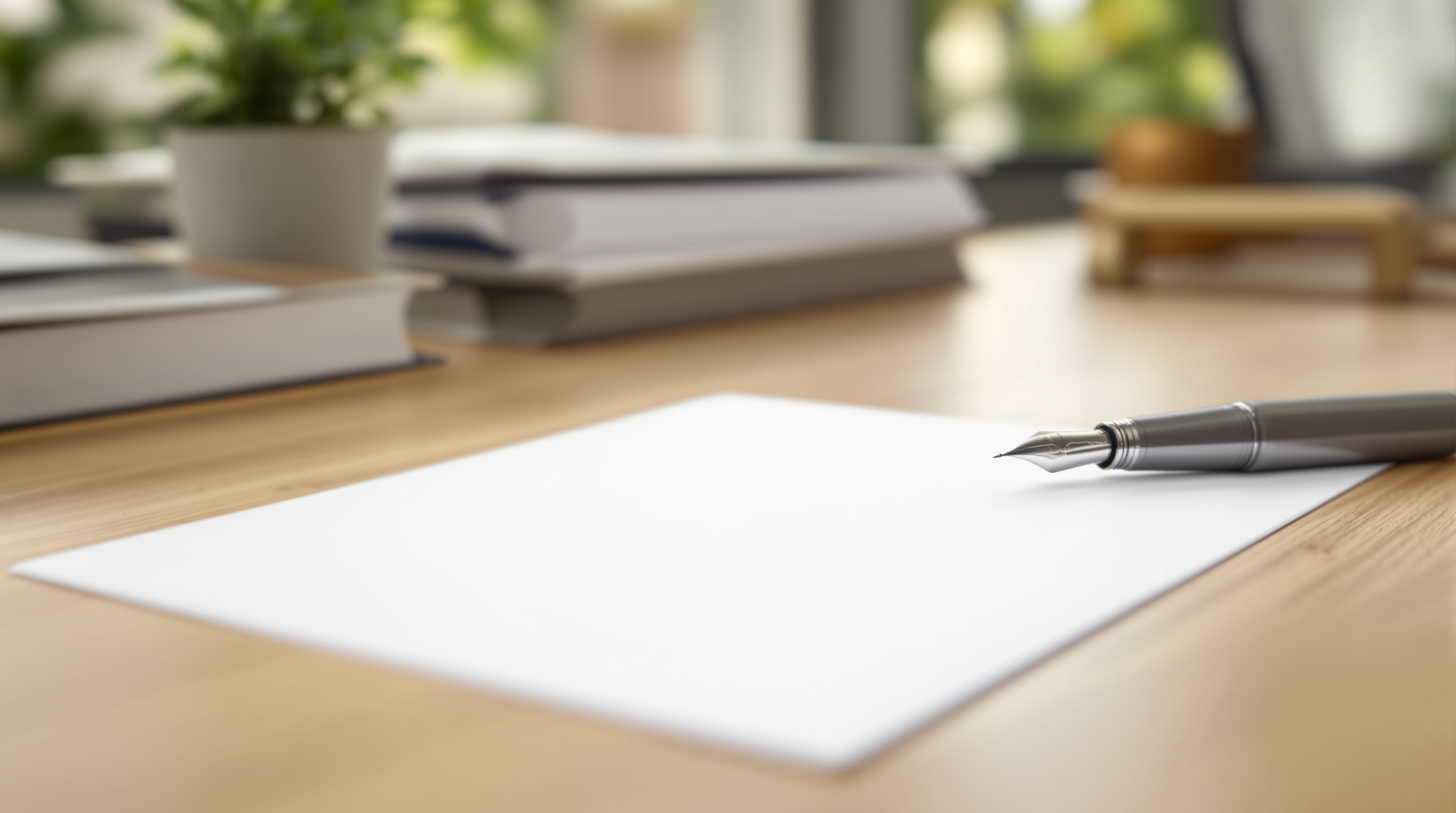 Stylo plume posé sur une feuille blanche vierge sur un bureau en bois, plante verte floue en arrière-plan
