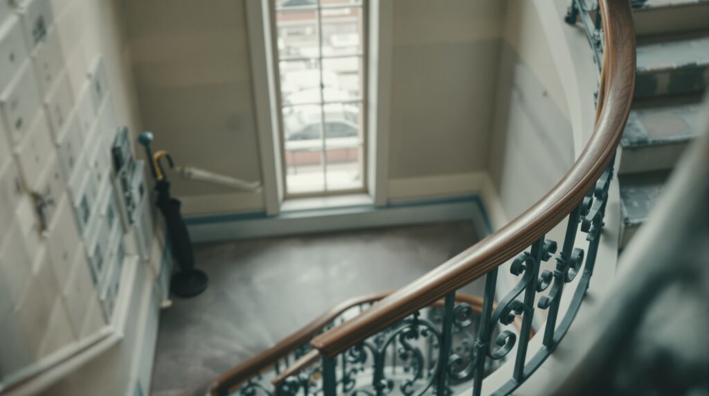 Rampe d'escalier en fer forgé au premier plan dans une cage d'escalier d'immeuble ancien, lumière grise douce