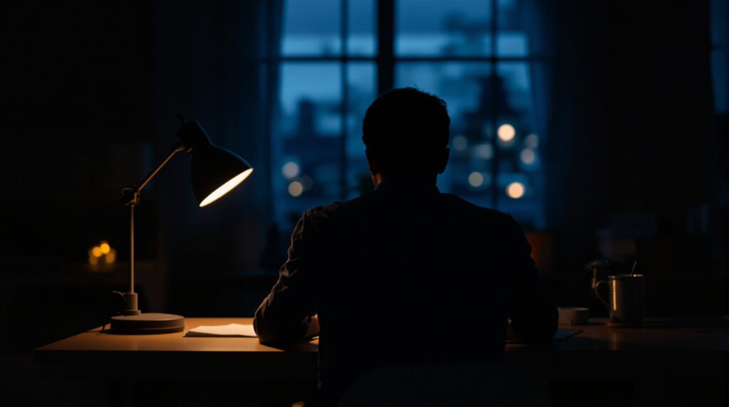 Silhouette d'une personne de dos écrivant à un bureau sous une lampe le soir, vue nocturne par la fenêtre