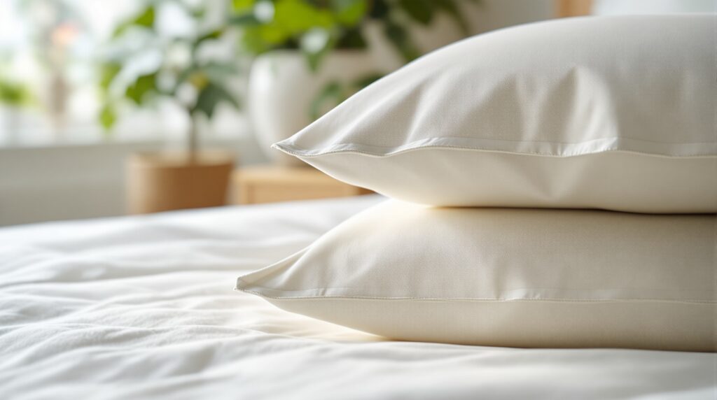 Deux taies d'oreiller blanches empilées sur une couette dans une chambre meublée lumineuse, plante et table de chevet floues en arrière-plan