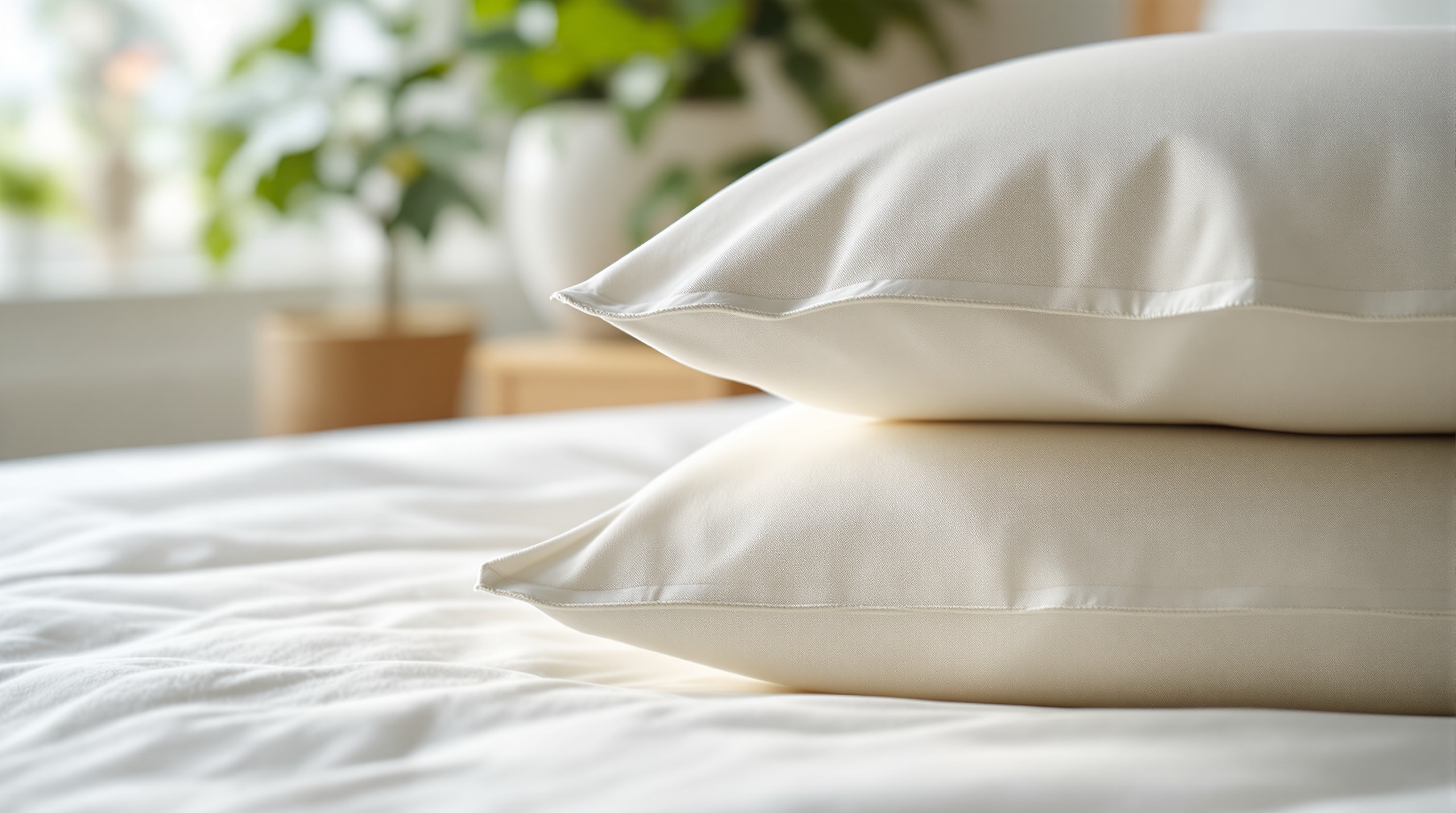 Deux taies d'oreiller blanches empilées sur une couette dans une chambre meublée lumineuse, plante et table de chevet floues en arrière-plan