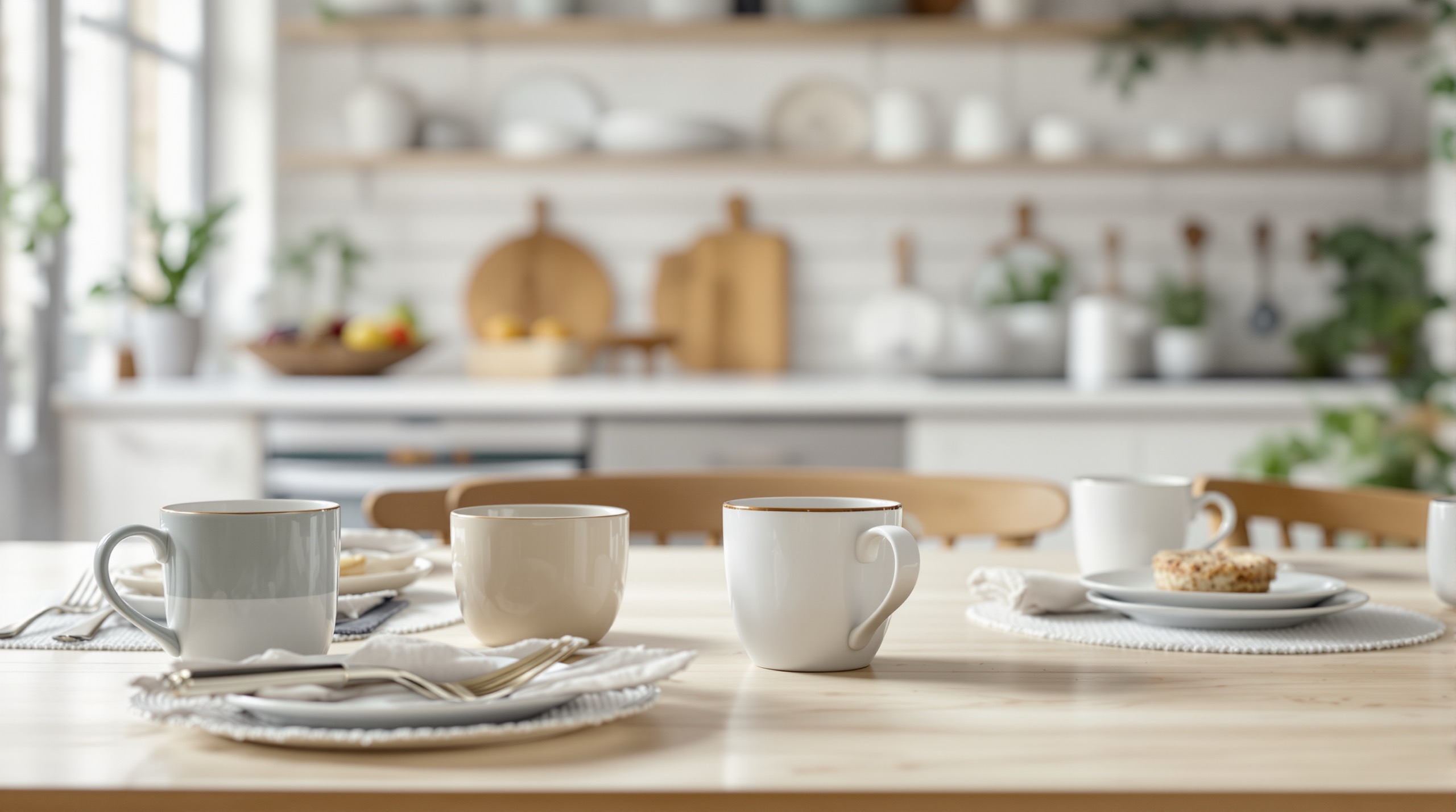 Table de cuisine partagée avec plusieurs tasses et couverts dépareillés au premier plan, cuisine lumineuse floutée en arrière-plan