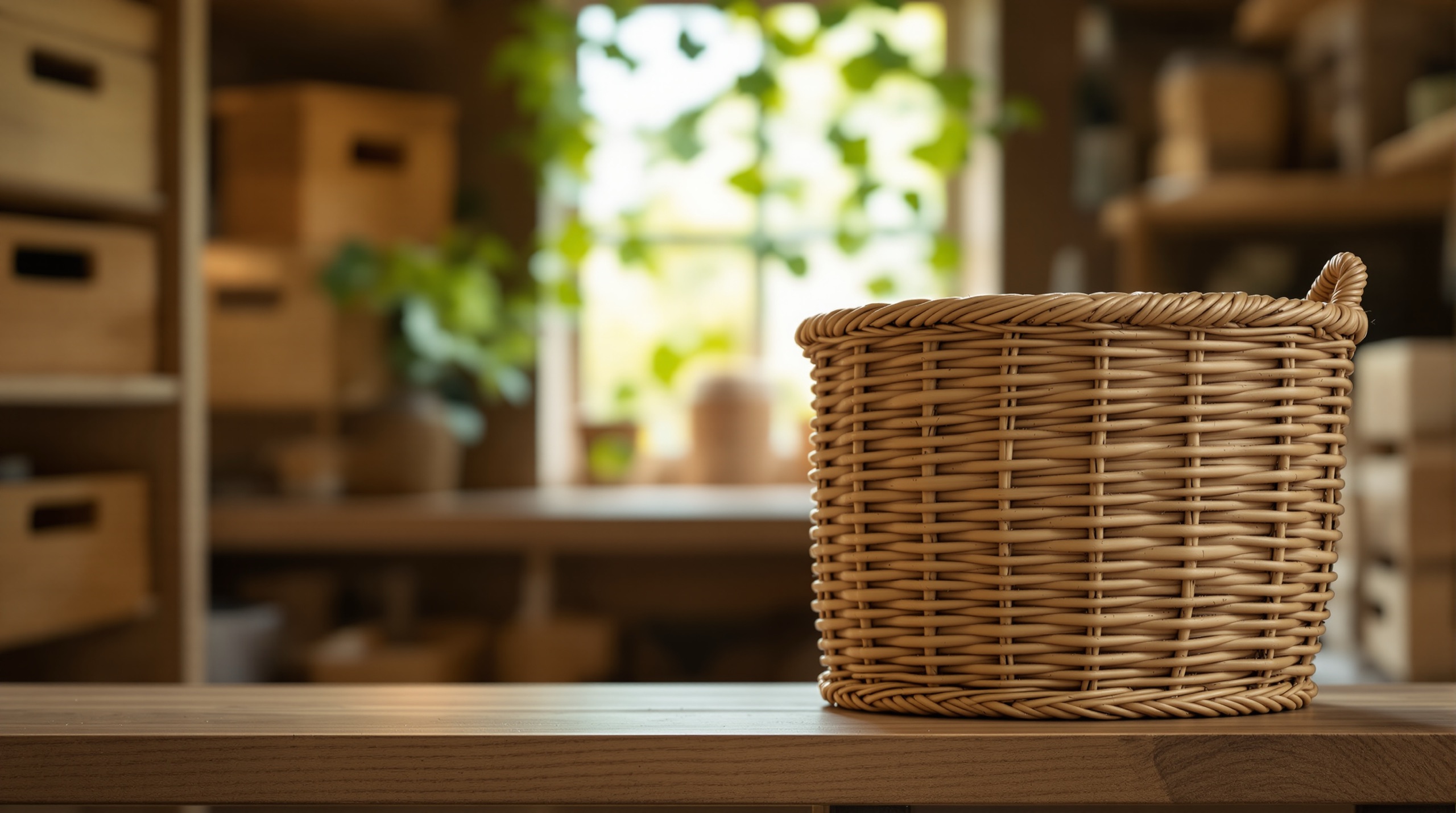 Panier en osier pose sur une etagere en bois dans une cave, lumiere du jour filtrant a contre-jour par une petite fenetre couverte de lierre, illustration charges recuperables locataire