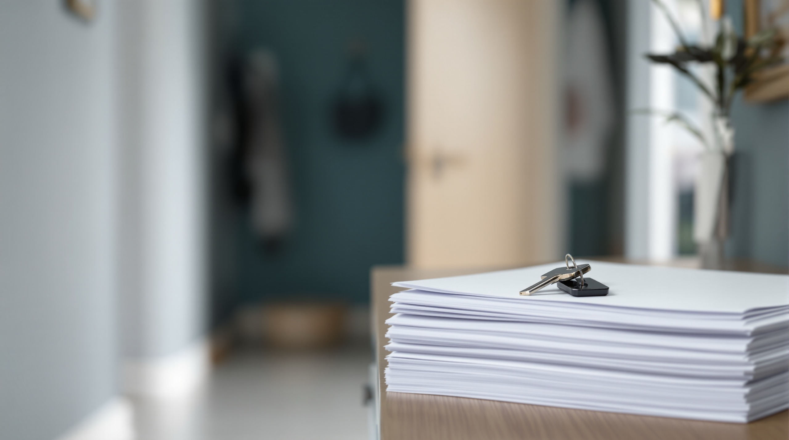 Pile de documents de bail vierges et trousseau de cles sur une console d'entree