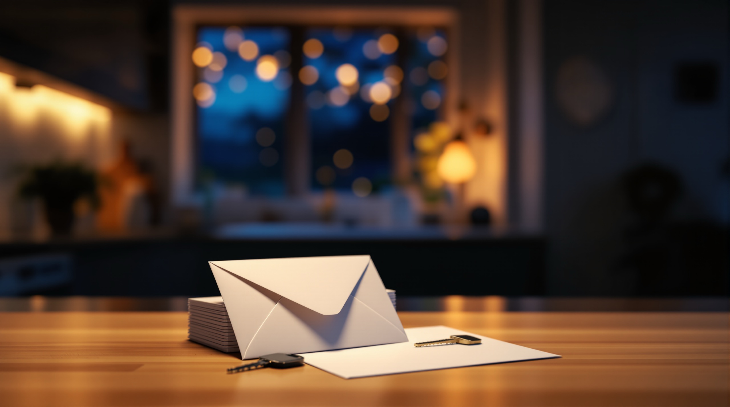 Enveloppes et clés sur une table de cuisine en soirée, lumière chaude de la lampe contre le bleu de la nuit