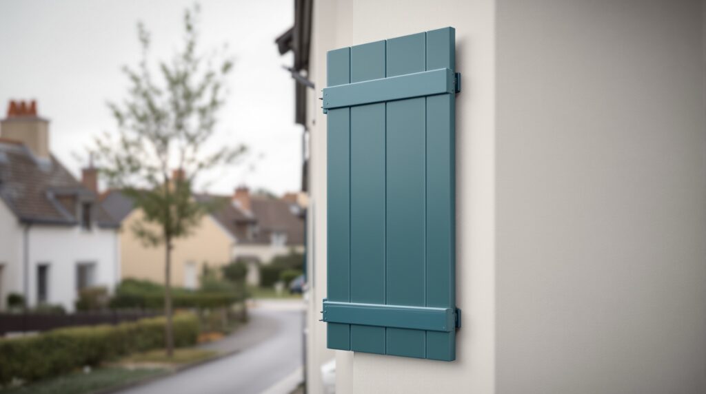 Volet bleu-vert sur la façade d'une maison neuve, rue de village floutée en arrière-plan