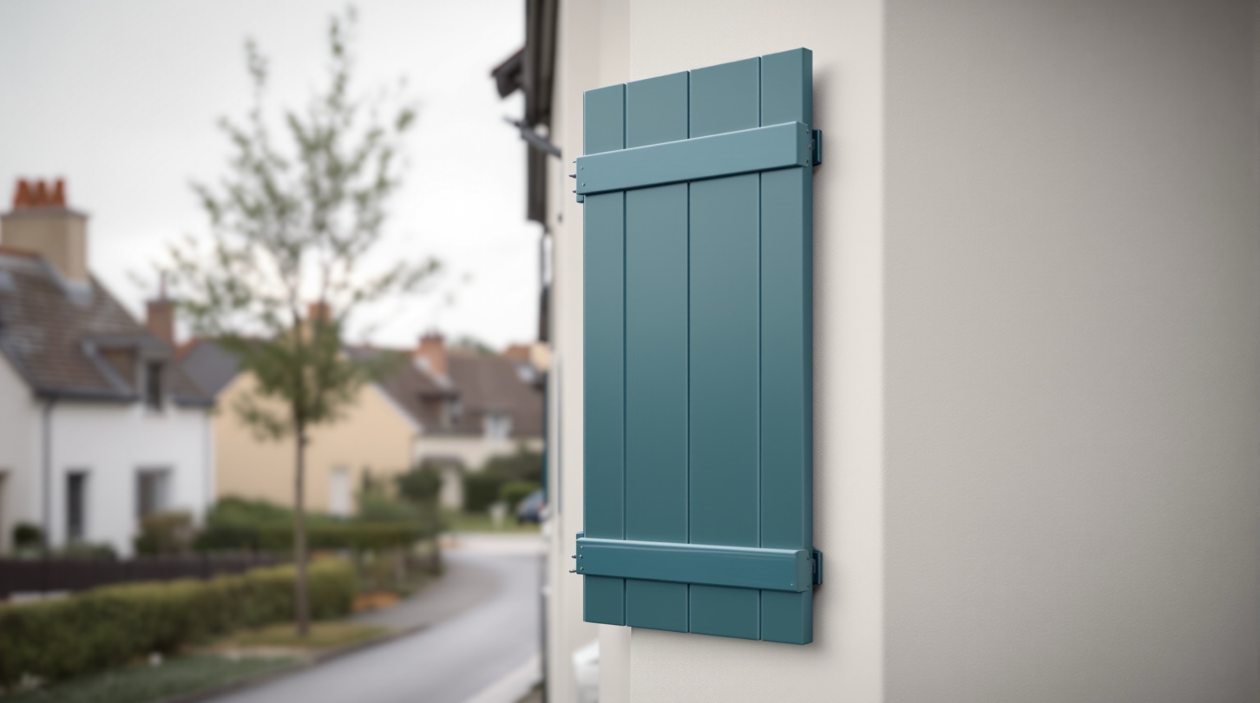 Volet bleu-vert sur la façade d'une maison neuve, rue de village floutée en arrière-plan