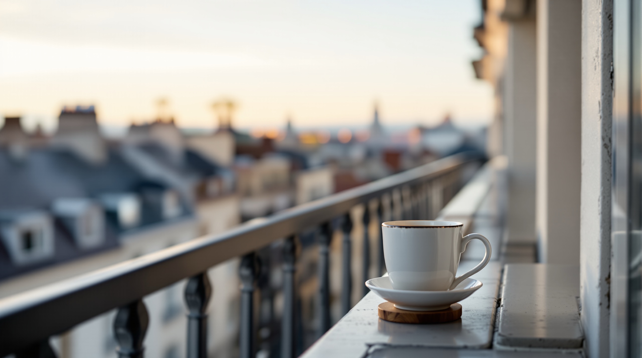 Tasse de café posée sur la rambarde d'un balcon, toits d'une ville française au petit matin en arrière-plan flou