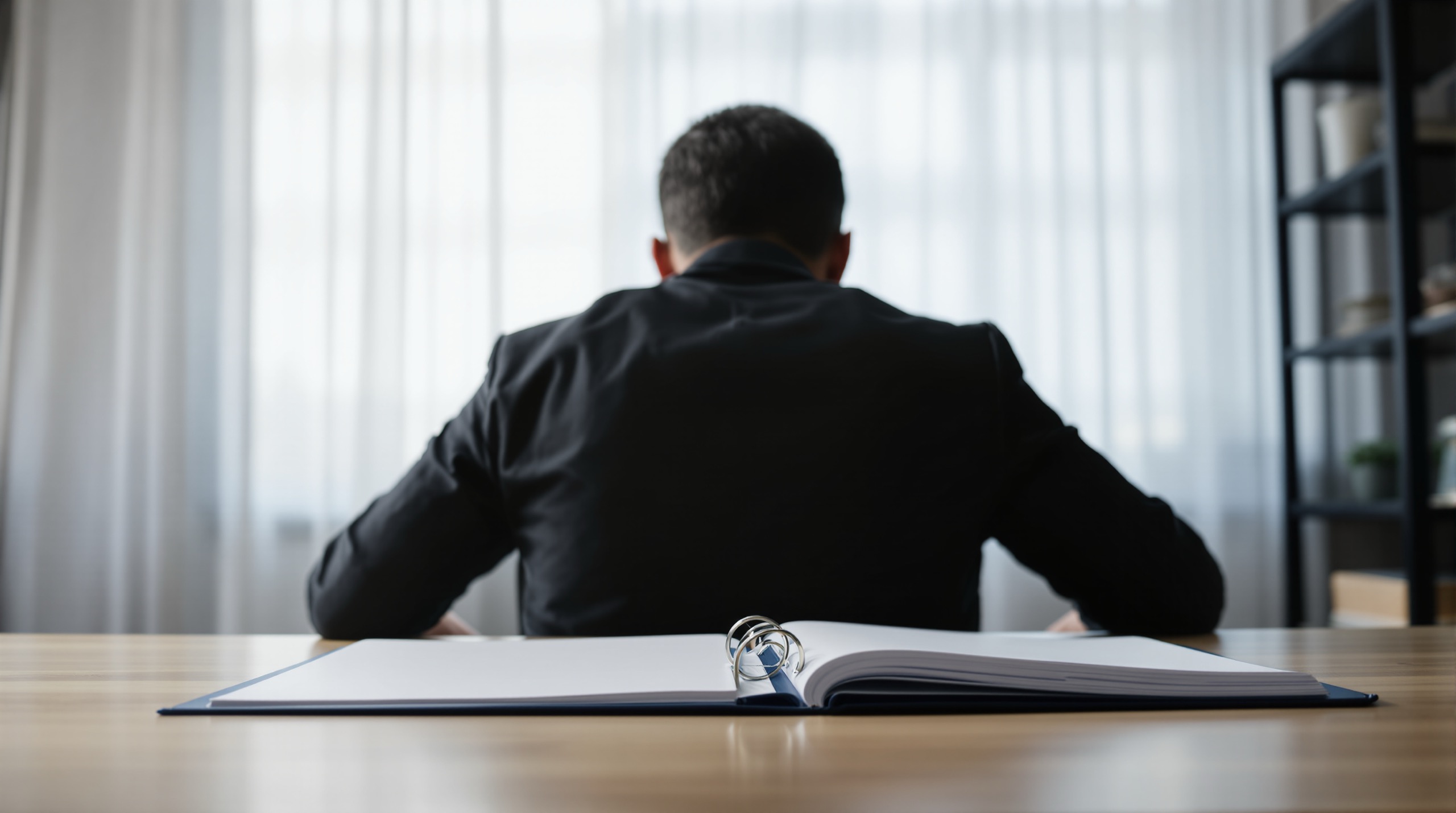 Silhouette d'une personne de dos à un bureau tenant un classeur vierge ouvert, lumière froide du matin à travers un voilage, illustration syndic bénévole